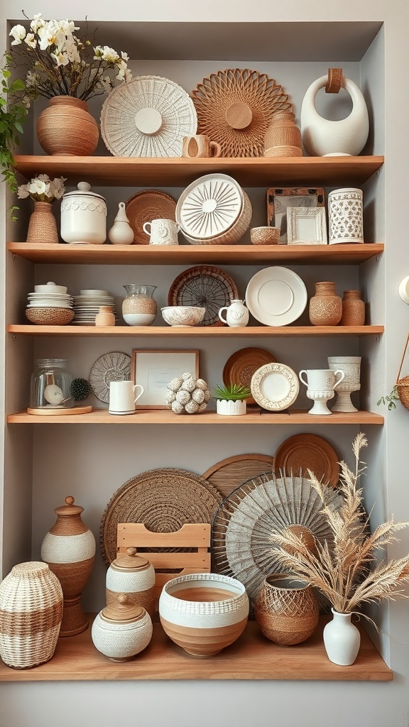 A collection of artisanal and handmade decor items displayed on wooden shelves, featuring pottery, woven baskets, and decorative plates.