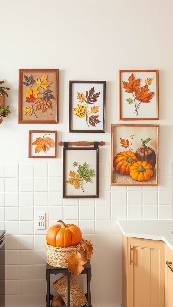 A collection of autumn-themed wall art featuring leaves and pumpkins in various frames.