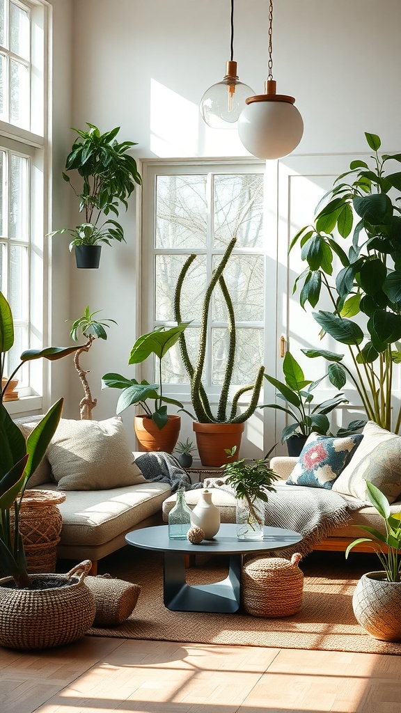 A bright living room filled with various indoor plants, a cozy sofa, and natural light streaming through large windows.