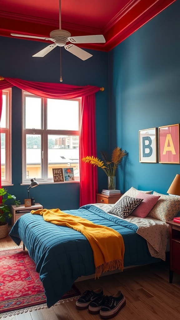 A vibrant bedroom featuring deep blue walls, a red ceiling, and colorful bedding, showcasing bold color palettes in home decor.