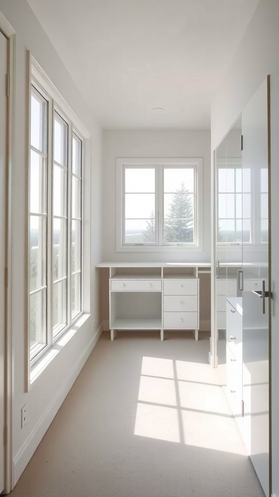 Bright and airy small walk-in closet with large windows and minimalistic furniture.