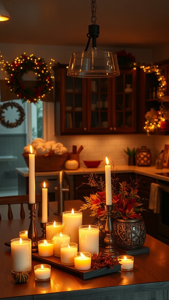 A cozy kitchen scene with candles on a wooden table, surrounded by autumn decorations.