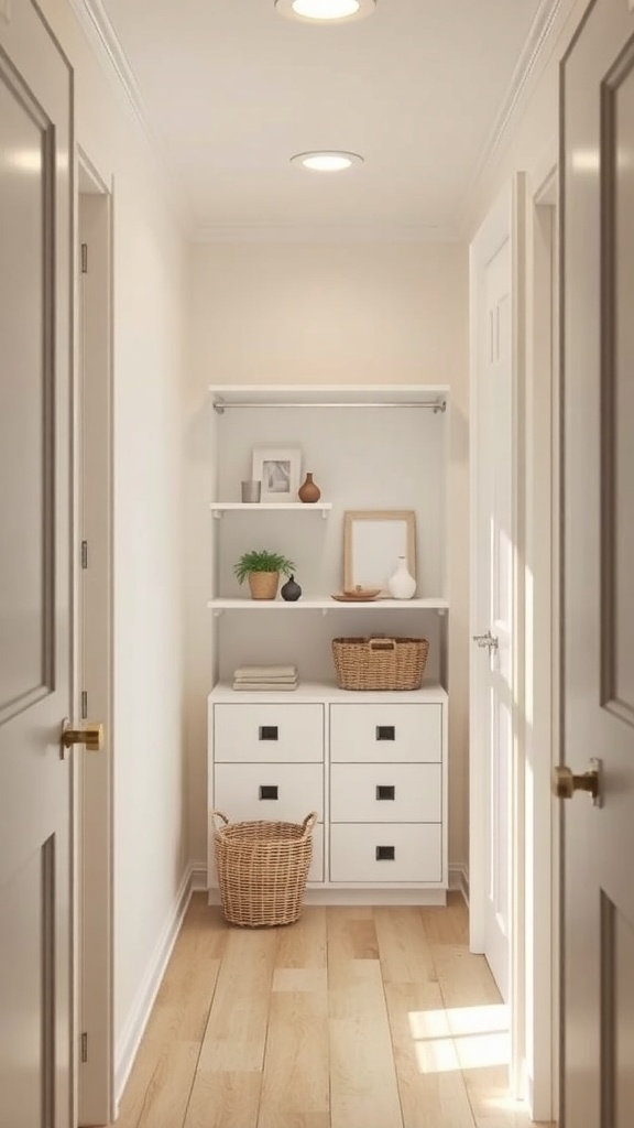 A bright and organized small walk-in closet with light-colored walls and wooden flooring.