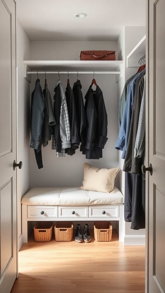 A narrow small walk-in closet featuring a built-in bench with storage, hanging clothes, and woven baskets for shoes.