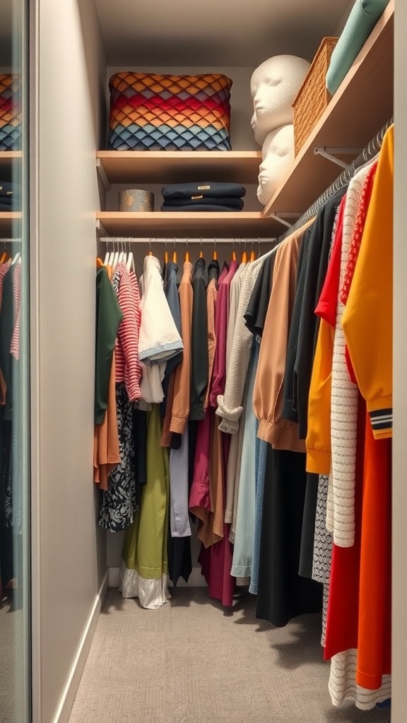 A narrow small walk-in closet with organized clothing and colorful accessories.