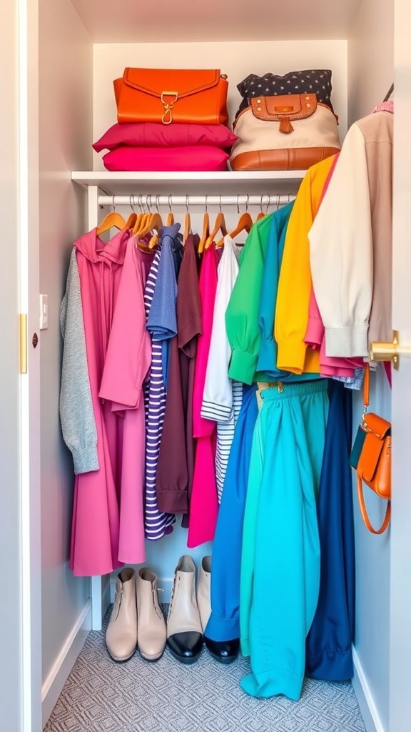 A small walk-in closet featuring colorful clothing organized by color, with bags on the top shelf.