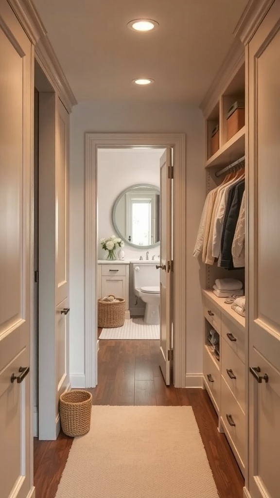 A cozy walk-in closet leading to a bathroom, featuring warm wood flooring, organized shelving, and soft lighting.