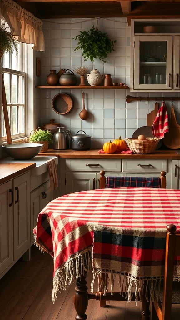 A cozy kitchen with a checkered tablecloth, wooden shelves, and seasonal decor.