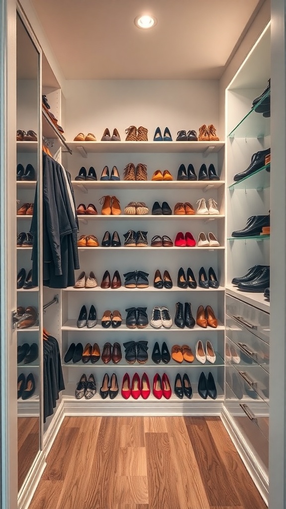 A well-organized shoe wall in a small walk-in closet displaying various types of shoes on multiple shelves.