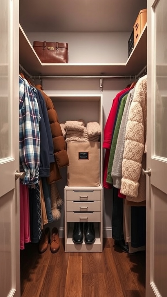 A small walk-in closet organized with seasonal clothing and storage.