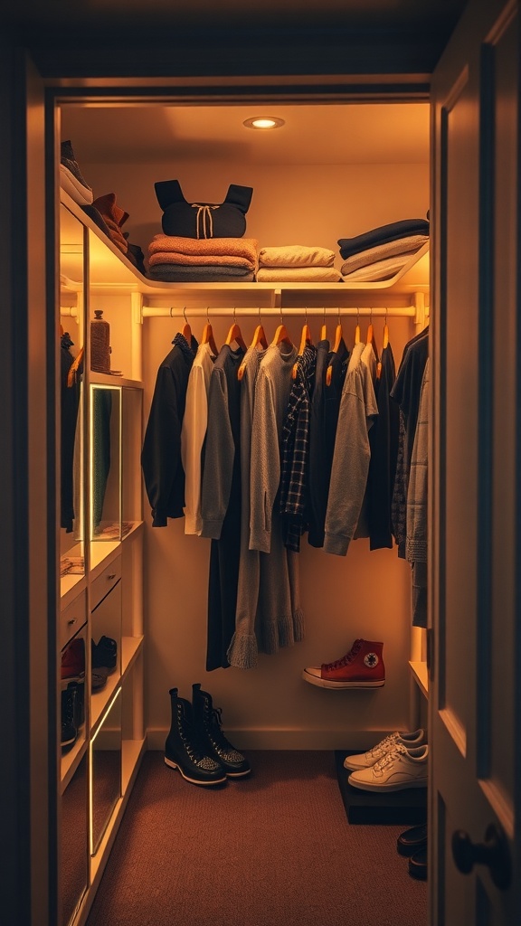 A small walk-in closet with warm lighting, showcasing neatly arranged clothes and shoes.