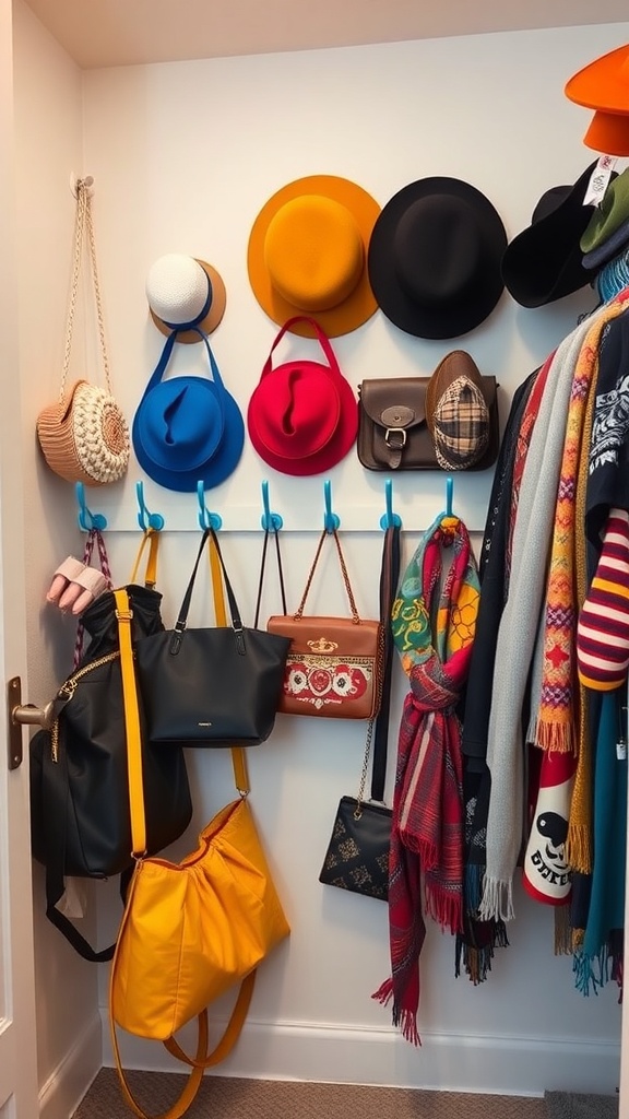 Colorful hooks displaying various hats and bags in a small walk-in closet