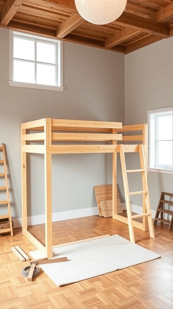An unfinished solid wooden loft bed frame in a room with natural light.