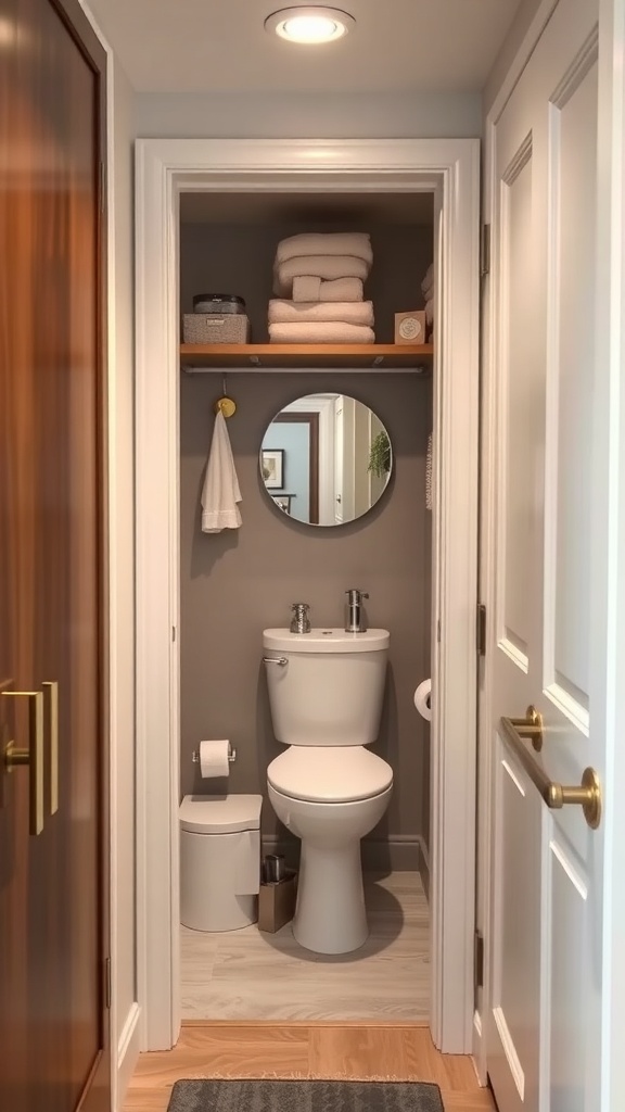 Compact bathroom with a toilet, mirror, and neatly arranged towels in a small space.