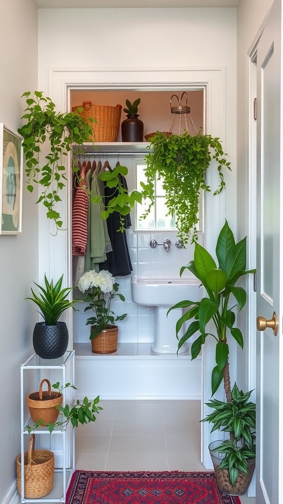 A small walk-in closet with a bathroom featuring various plants and a cozy design.