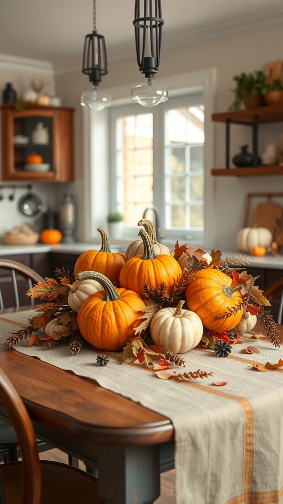 A kitchen table decorated with pumpkins and autumn leaves as a centerpiece.