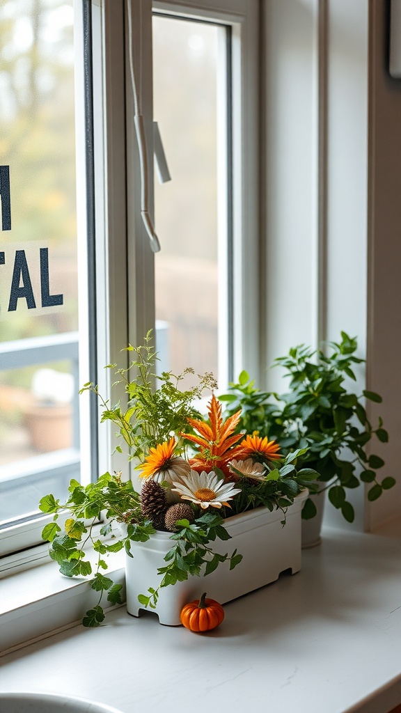 A kitchen windowsill with a white planter filled with herbs and colorful flowers, alongside a small pumpkin.