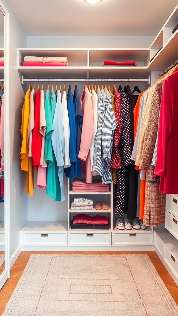 A well-organized small walk-in closet featuring clothes arranged by color, showcasing a neat and visually appealing layout.