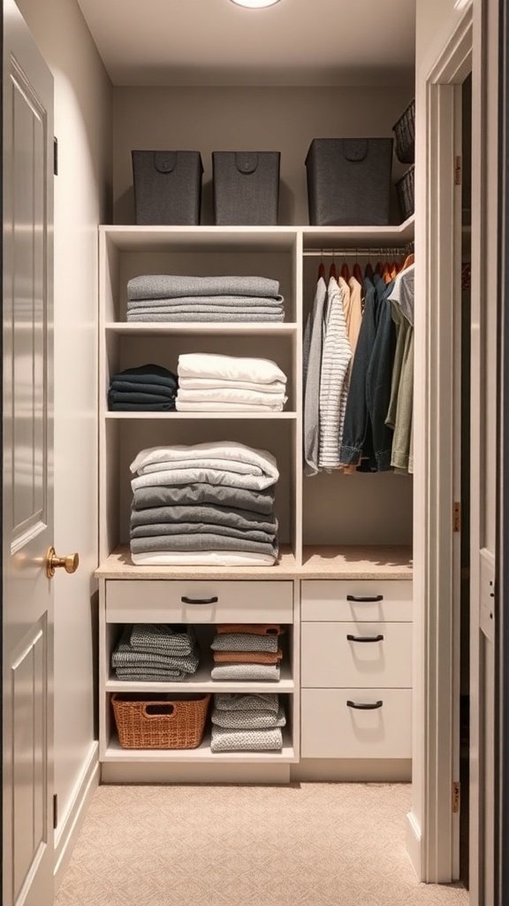 A well-organized small walk-in closet featuring a folding station with neatly stacked clothes and storage baskets.