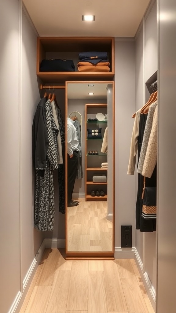 A narrow walk-in closet featuring a full-length mirror, neatly arranged clothes, and warm lighting.