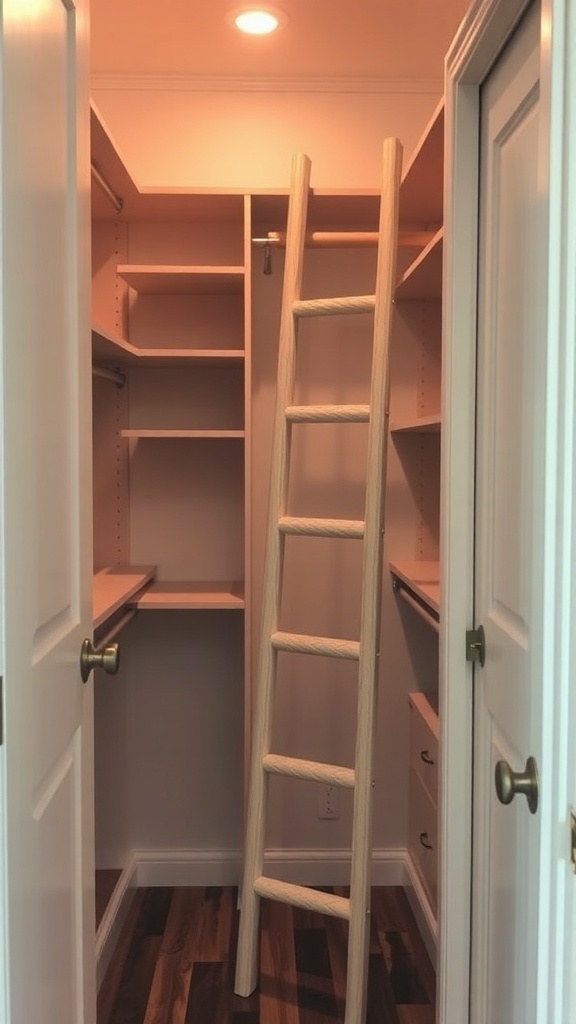 A small walk-in closet featuring a wooden ladder for accessing high storage.