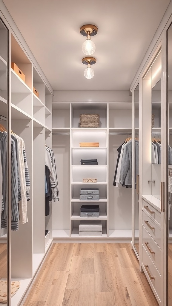 A small walk-in closet featuring stylish overhead lighting and organized shelves.