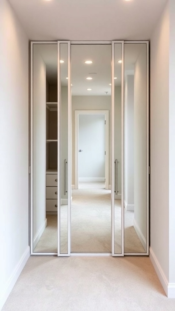 A small walk-in closet with mirrored doors reflecting the interior, creating a spacious feel.
