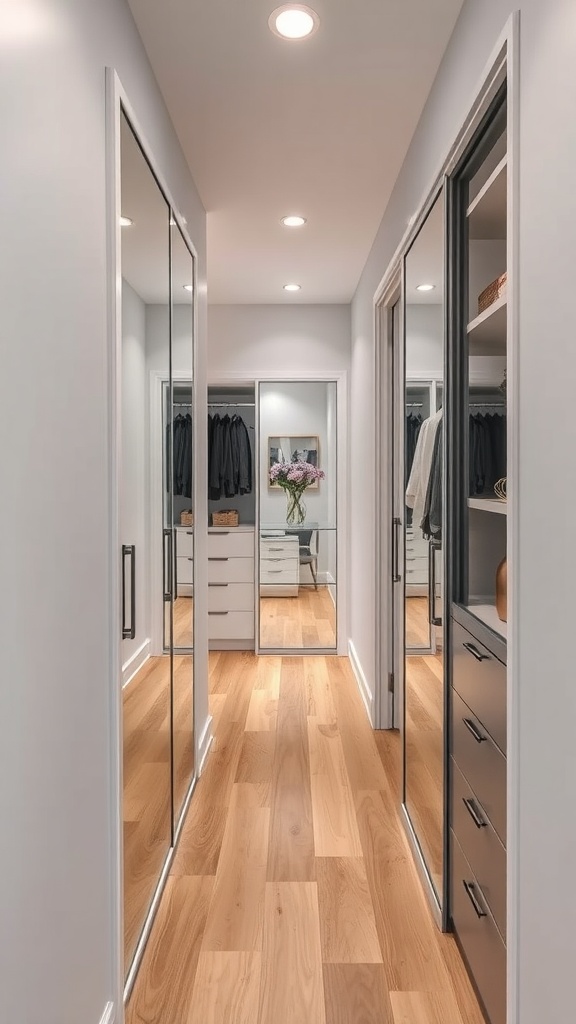 A modern small walk-in closet featuring mirrored elements, light wood flooring, and organized storage.