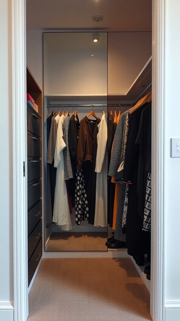 A narrow walk-in closet featuring a mirror that reflects clothing and accessories, enhancing the sense of space.