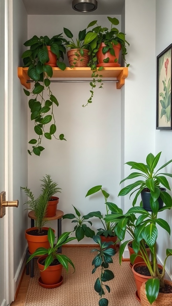 A small walk-in closet with various potted plants on a shelf and the floor, creating a fresh and inviting atmosphere.