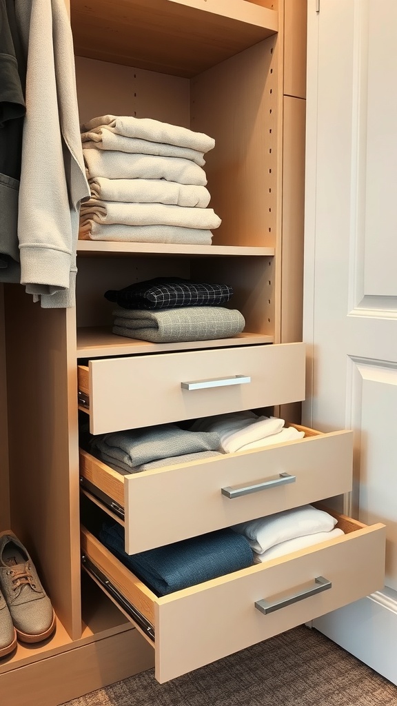 A small walk-in closet featuring pull-out drawers with neatly folded clothes.