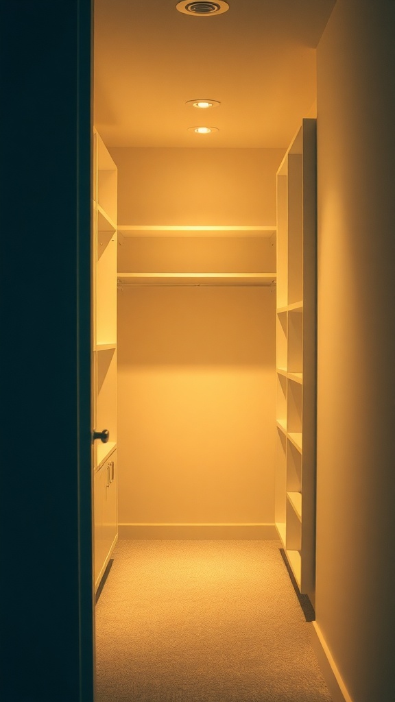 A small walk-in closet with warm soft lighting, showcasing shelves and a cozy atmosphere.