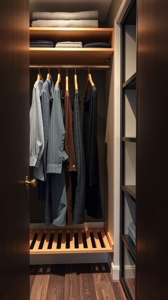 A small walk-in closet featuring a pull-out trouser rack with neatly hung shirts and folded clothes on shelves.