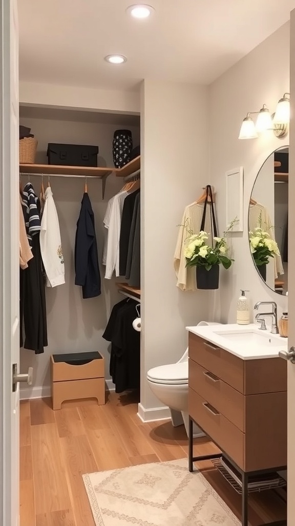 Small walk-in closet with bathroom featuring modern design and natural elements.