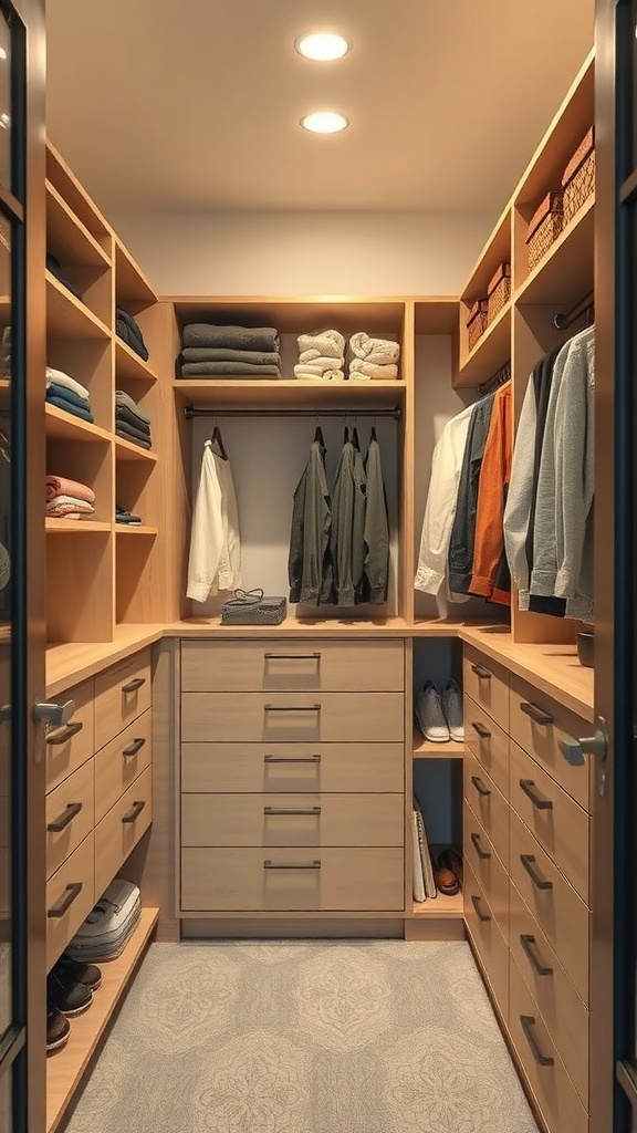 A small walk-in closet with organized shelves, drawers, and hanging clothes, showcasing functional storage solutions.