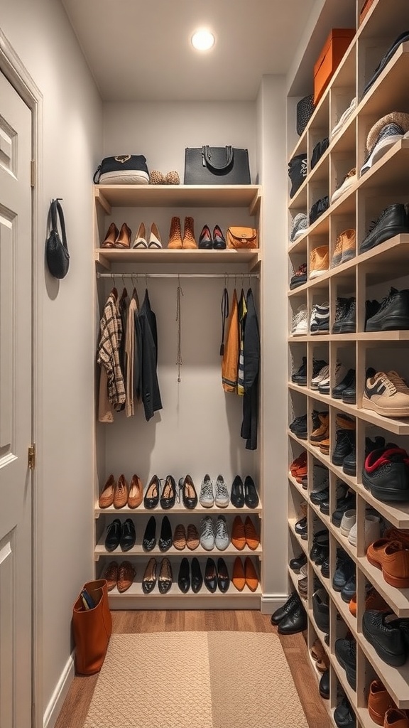 A small walk-in closet with shelves for shoes and a hanging rod for clothes.