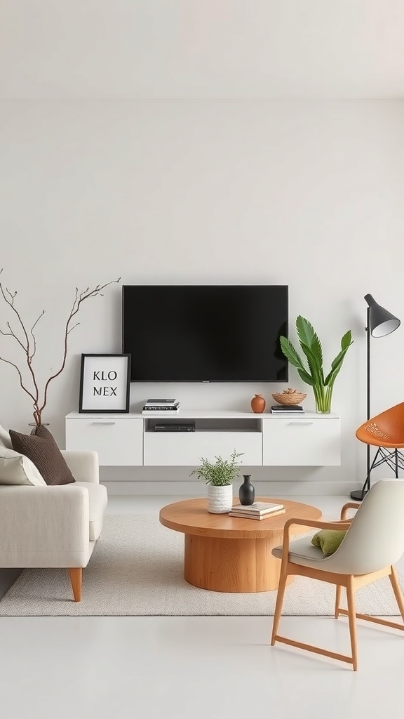 A minimalist living room featuring a light sofa, wooden coffee table, and plants.