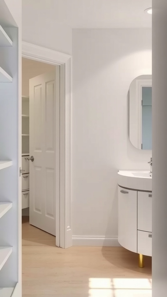 A bright and modern walk-in closet with a bathroom, featuring a mirror and light wood flooring.