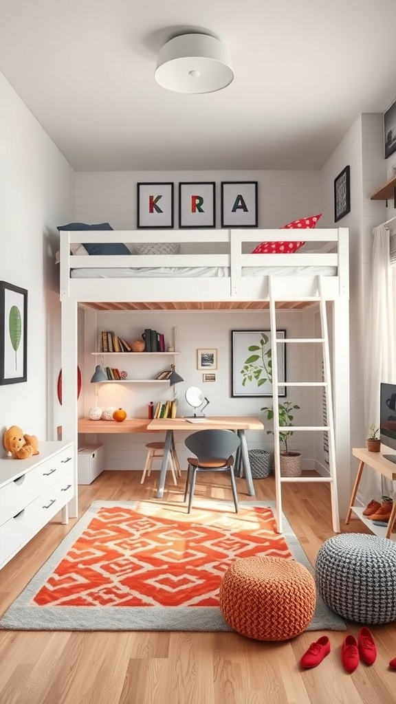 A modern wooden loft bed with a workspace underneath, featuring a desk, wardrobe, and colorful decor.