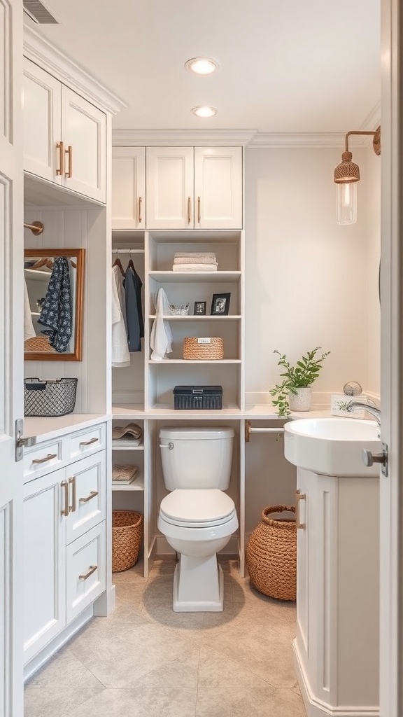 A stylish walk-in closet with a bathroom featuring organized shelves, a mirror, and decorative baskets.