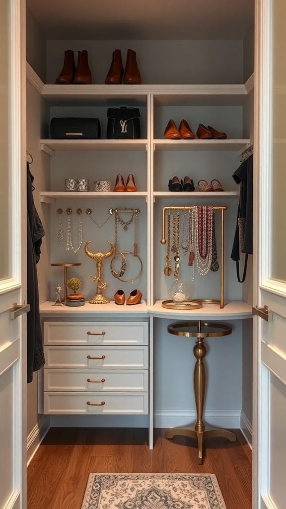 A stylish small walk-in closet showcasing organized shoes, handbags, and jewelry on shelves and a decorative stand.
