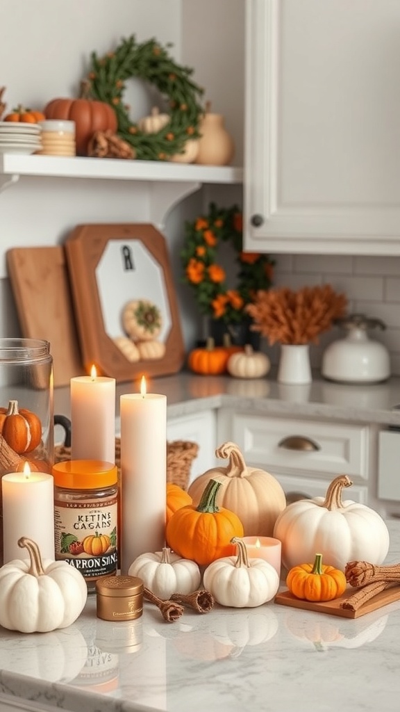 A cozy kitchen decorated with various pumpkins, candles, and fall-themed decor.