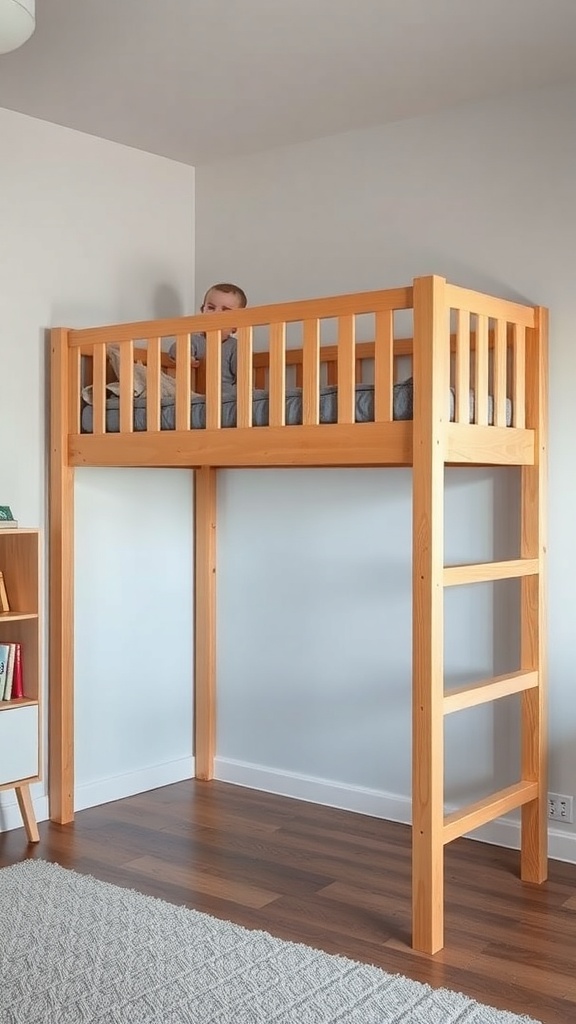 A solid wooden loft bed with a child sitting on top, featuring safety railings and a sturdy ladder.