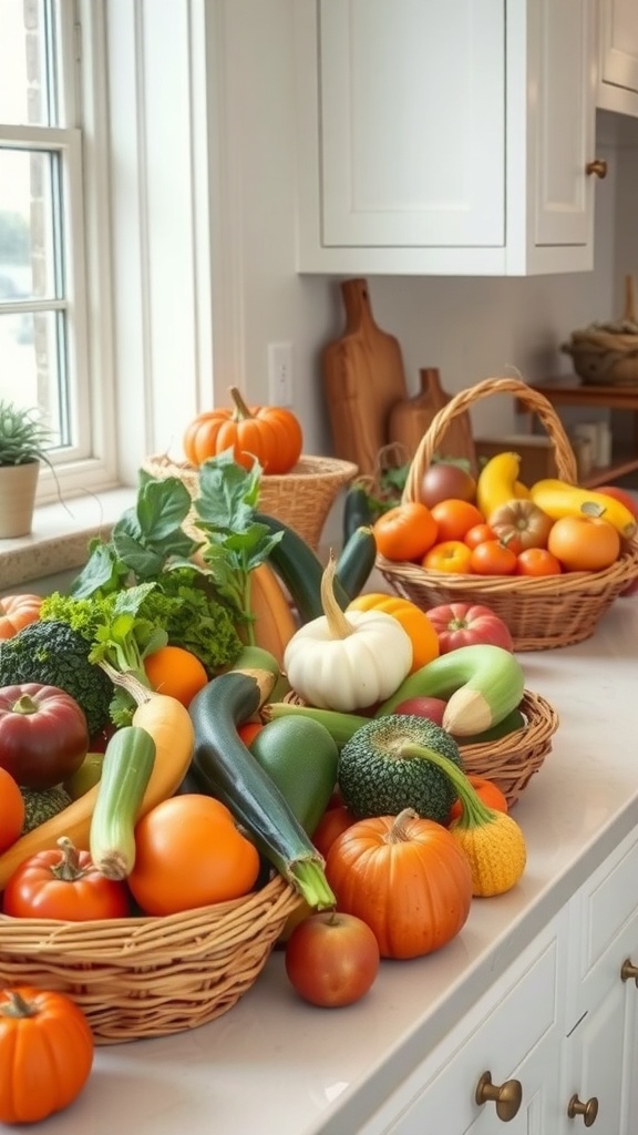 Baskets filled with colorful seasonal fruits and vegetables in a cozy kitchen setting