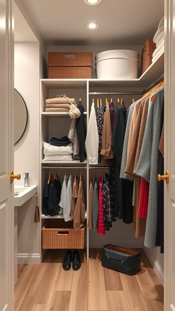Organized walk-in closet with clothing, storage baskets, and a small sink