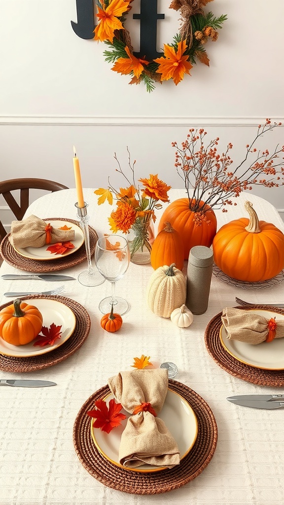 A beautifully arranged fall table setting with pumpkins, flowers, and autumn leaves.