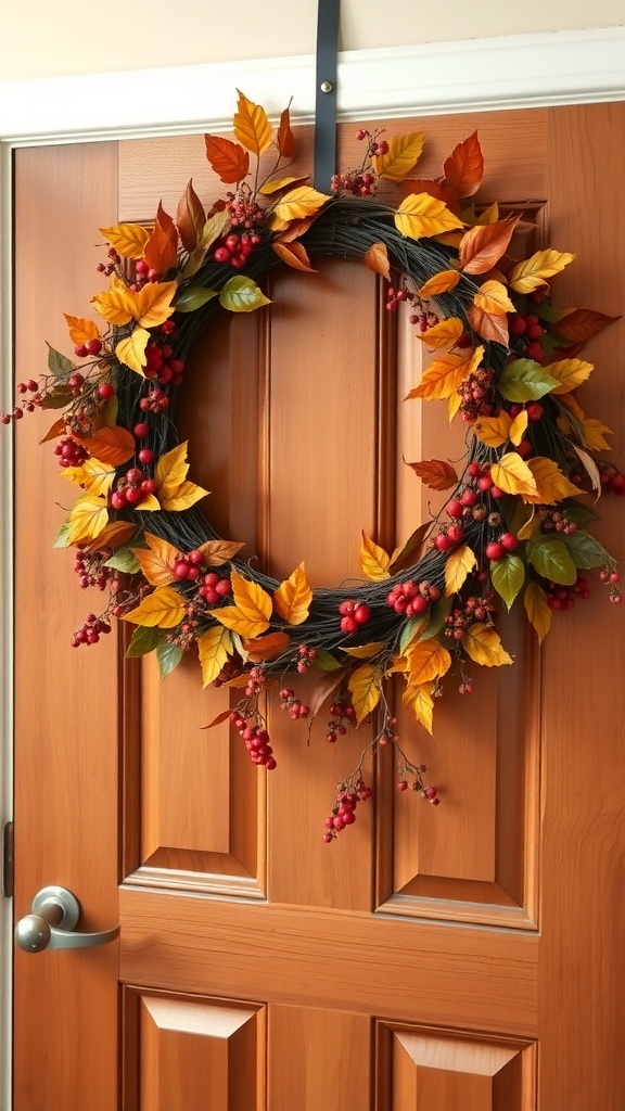 A fall wreath made of colorful leaves and berries hanging on a wooden door.