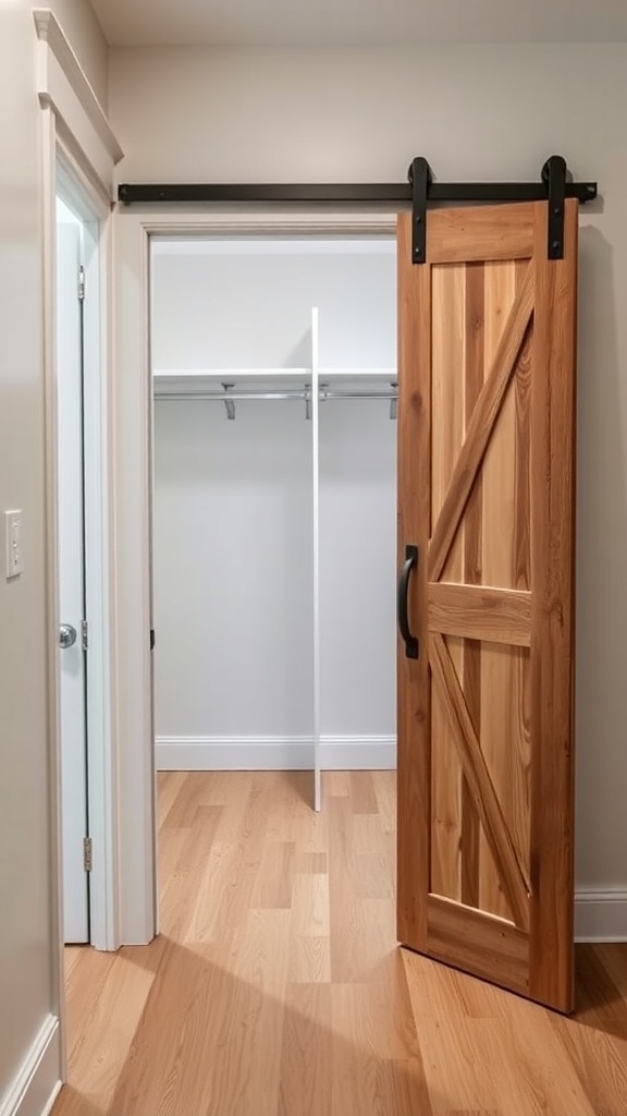A small walk-in closet with a sliding barn door made of wood, showcasing a rustic design.
