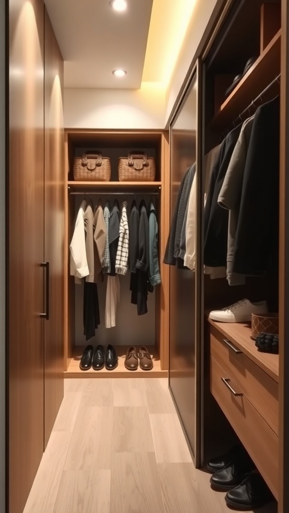 A narrow walk-in closet featuring sliding doors, wooden shelves, and organized clothing and shoes.