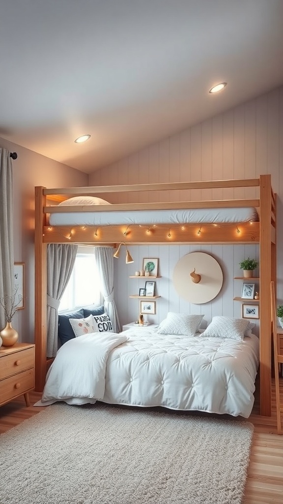 Stylish wooden loft bed with wardrobe and cabinet in a cozy bedroom setting